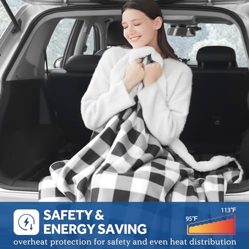 SEALY 12-Volt Heated Car Blanket with 2 USB Output Ports, 3 Heating Levels & 4 Hours Auto Off, Electric Blanket for Car, Truck, SUV, RV or Camping, Machine Washable, 59" X 43", Plaid
