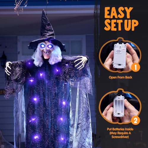 JOYIN 72” Hanging Witch Decor Halloween Decorations Indoor, Talking Halloween Witch on Broom Light Up Witch Decoration Purple Eyes Sound Activation Haunted House Party Supplies Prop Décor Modern