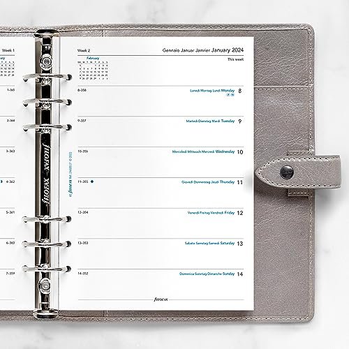 Filofax Calendar Diary Refill, A5 Size, Week on One Page, White Paper, Unruled, Multilingual: Four Languages, 2024 (C68517-24)