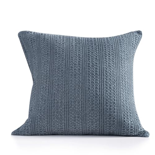 COCOPLOCEUS 1pc 18x18 Throw Pillow Cover Boho Decorative Pillow Shams Stone Washed Cotton Pillowcase Waffle Square for Couch Sofa Chair Bed Car, Blue Grey