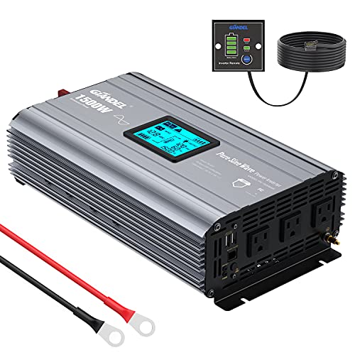 GIANDEL Pure Sine Wave Power Inverter 1500 Watt Low EMI FCC approved Converts DC 12V to AC 120V with LCD Display 3xAC Outlets & Remote Controller 2 USB Ports for RVs Trucks Boats and Emergency