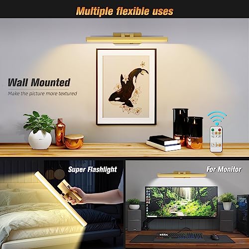 VOLISUN Picture Light Battery Operated with Remote, 3CCT Dimmable Picture Light for Paintings, USB-C Rechargeable, 15.7in Battery Operated Wall Sconce for Art Painting Gallery Bedroom Computer(Gold)