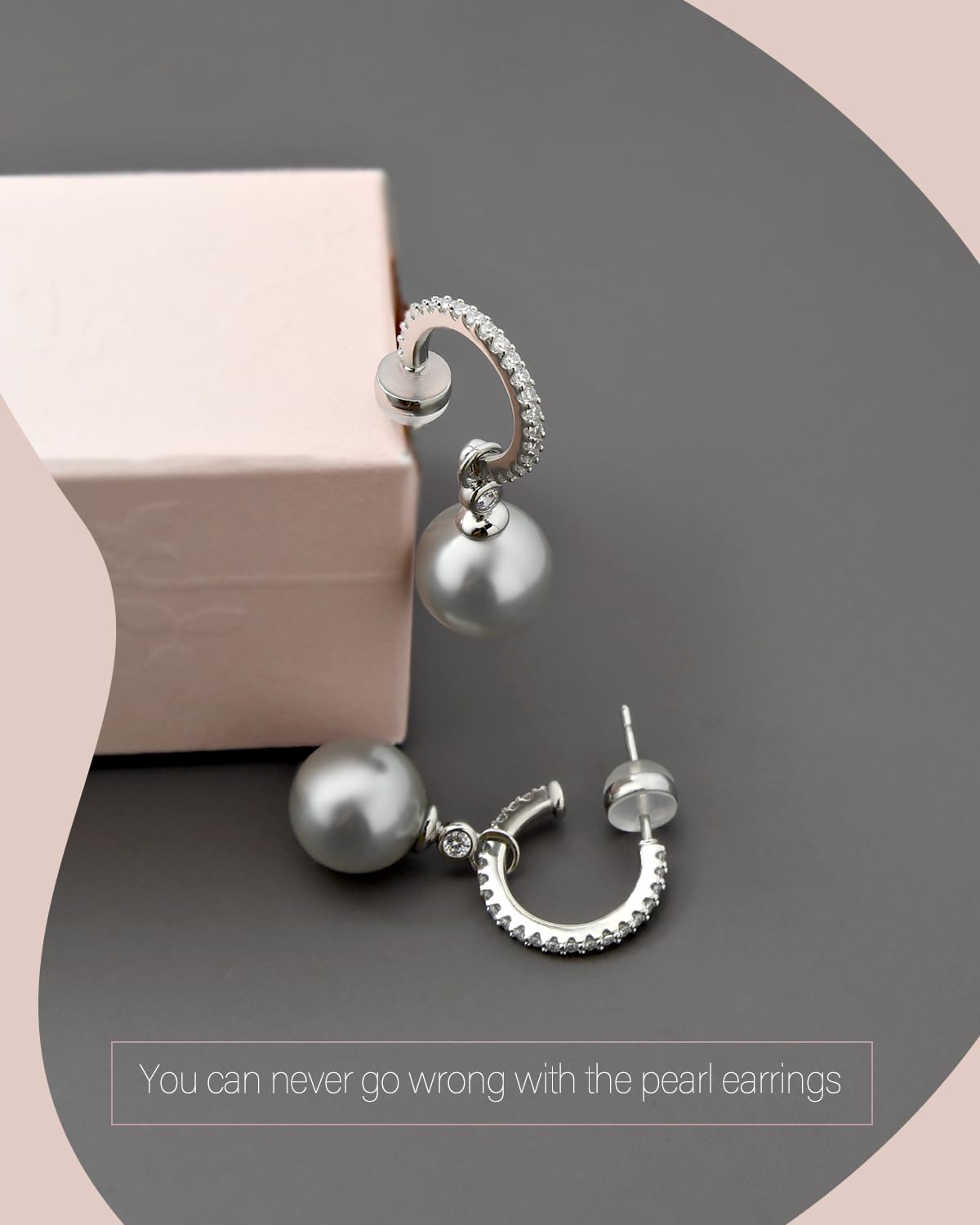 KZZENKI Grey Pearl Earrings for Women, Sterling Silver Post Drop Earrings, Open Hoop Peal Dangle Earrings Bridal Jewelry Gift