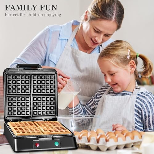 Waffle Maker, Roter Mond Belgian Waffle Maker, 4 Slice Square Stainless Steel Waffle Maker, Non-Stick Surface for Easy Cleaning for Family Use Breakfast, Save Space for Storage,1300W, Black