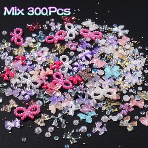 300Pcs Variety Bows Charms for Nails Colorful Pink White Bow Cute Nail Charms Mixed Resin Rhinestones Gold Silver Balls Pearls Bow Nail Gems Charms for Manicure DIY Crafts Accessories