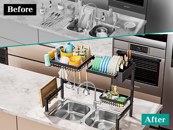 YKLSLH Over The Sink Dish Drying Rack 2 Tiers, for All Sinks (24.8"-35.4"),Expandable Large Capacity Sink Rack, Metal Drying Rack for Kitchen and Family Use