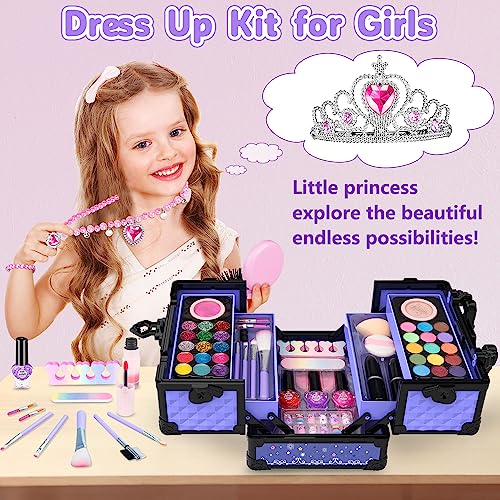 Hollyhi 62Pcs Kids Makeup Kit for Girl, Washable Play Makeup Toys Set for Dress Up, Beauty Vanity Set with Cosmetic Case Birthday Toys for Girls 3 4 5 6 7 8 9 10 11 12 Year Old Kids Toddlers (Purple)