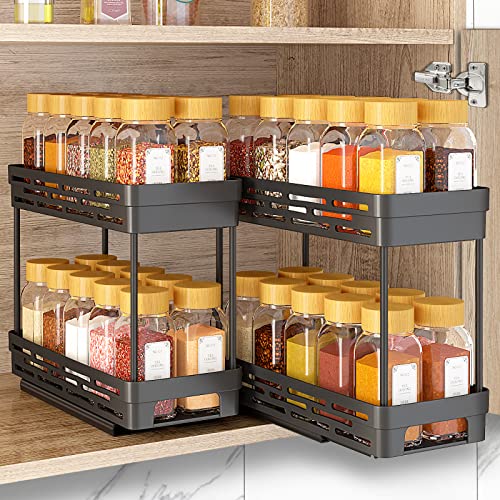 DABIGE 2 Packs Pull Out Spice Rack Organizer for Cabinet, Slide Out Spice Racks Organizer, Easy to Install Spice Cabinet Organizers, 4.33''Wx10.4''Dx8.5''H, Each Tier Hold 10 Spice Jars - 2 Tier