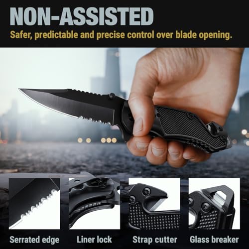 2.95” Serrated Blade Pocket Knife - Black Folding Knife with Glass Breaker Legal Pocket Knife- Small EDC Knife with Pocket Clip for Men Women - Sharp Tactical Camping Survival Hiking Knives 6680