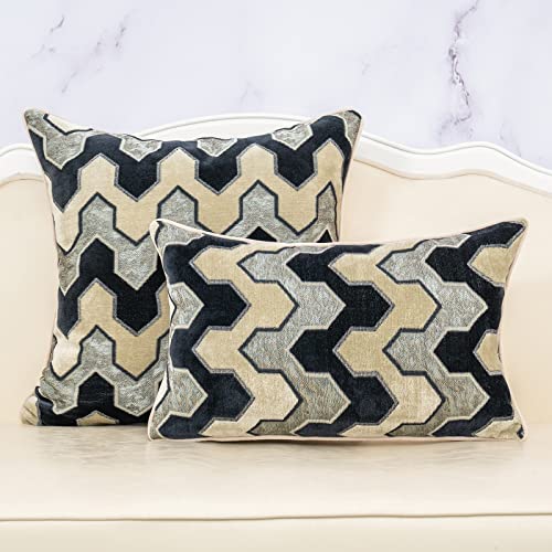 Alerfa Square Pillow Geometric Stripes Embroidery Cut Velvet Cushion Case Luxury Modern Throw Pillow Cover Decorative Pillow for Couch Sofa Living Room Bedroom Car 18 x 18 Inch Black