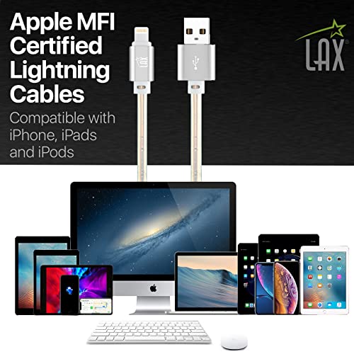 LAX Premium Stitched [Apple MFi Certified] Fast Charger iPhone Lightning Cable, iPhone Cord Compatible with iPhone 14/13 /12/11 Pro Max/XS MAX/XR/XS/X/8/7/6S/SE/iPad, iPod & More - (6FT-Chrome)