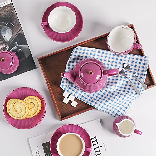 Porcelain Tea Sets British Royal Series, 8 OZ Cups& Saucer Service for 6, with Teapot Sugar Bowl Cream Pitcher Teaspoons and tea strainer for Tea/Coffee (Coral Pink)