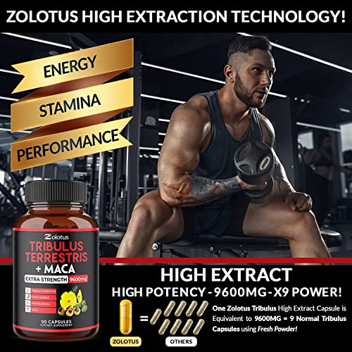 Zolotus Premium Tribulus Terrestris Capsules - 9600mg Per Serving - Combined with Ashwagandha, Panax Ginseng & Maca - Boost Energy, Mood, Stamina & Immune - 90 Counts for 3 Months