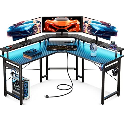 ODK L Shaped Gaming Desk with LED Lights & Power Outlets, 51" Computer Desk with Full Monitor Stand, Corner Desk with Cup Holder, Gaming Table with Hooks, Black