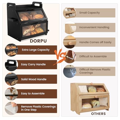 DORPU Bread Box, Bread Boxes for Kitchen Counter Airtight, Extra Large Wooden Bread Box for Homemade Bread, Double Layer Bread Box with Tool Holder, Handles and Window (14.9" x 11" x 15.3") Black