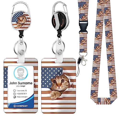 Cute ID Badge Holder with Lanyard Retractable Badge Reel Clip Funny Lanyards for ID Badges Name Tags Keychain for Office Teacher Doctor Student Women Men Nurse Accessories for Work (American Flag Cat)