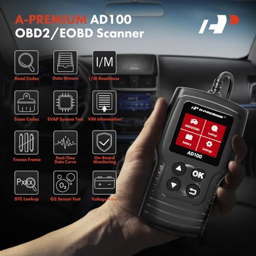 A-Premium AD100 Universal OBD2 Scanner Diagnostic Tool, Car Code Reader OBDII/EOBD/CAN Scan Tool, Check Engine Light/Read Clear Fault Codes/Smog Check/Live Data Stream/Battery Test, For Car Since 1996