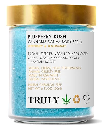 Truly Beauty Blueberry Kush Body Scrub with Hydroxy Acids and Vegan Collagen - Detoxifying Sugar Scrub for Women - Exfoliating Body Scrub for Flawless and Luminous Skin - 6 oz