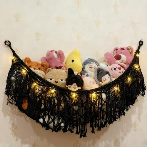 Stuffed Animal Hammock or Net With LED Lights Extra Large Wall Hanging Stuffed Animal Storage Nets for Teddy Bear Handmade Macrame Hanging Toy Net Hammock for Stuffed Animal Storage (Black)