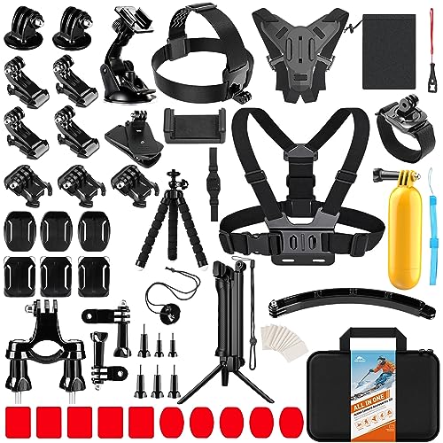 HONGDAK Action Camera Accessories Kit for GoPro Hero 12 11 10 9 Black, Waterproof Housing+Silicone Case+3Way Adjustable Arm+Head Chest Wrist Strap+Bike Mount+Suction Cup+Floating Grip Bundle Set 63in1