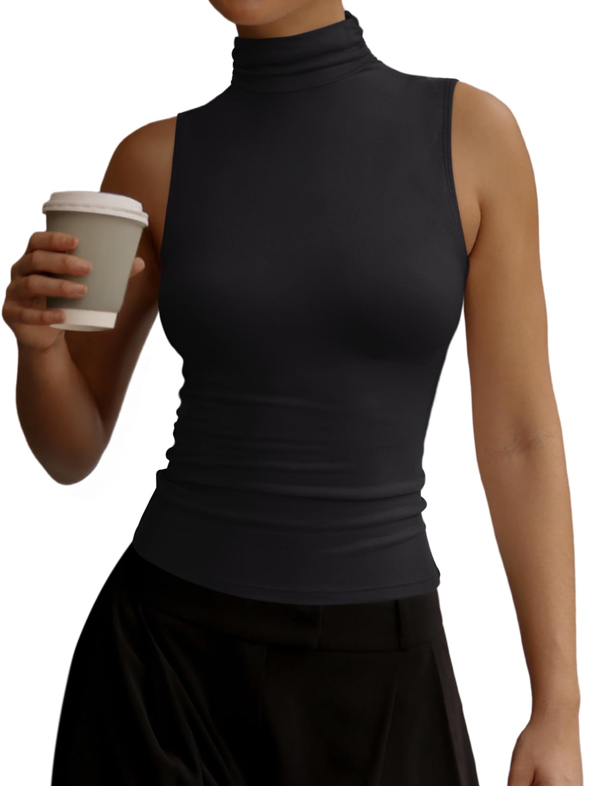 REORIA Women's Fall Sleeveless Mock Turtleneck Tank Tops Slim Fitted Shirts 2025 Offic Casual Going Out Vest Cute Clothes Black Small