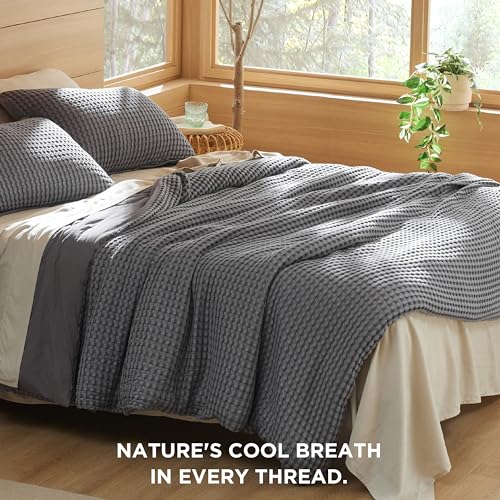 Bedsure Cooling Waffle Duvet Cover Queen - Cotton Blend Rayon Derived from Bamboo Duvet Cover Ser for Hot Sleepers, Breathable Bedding Set with a Vintage Charm, 3 Pieces (Charcoal, Queen, 90"x90")