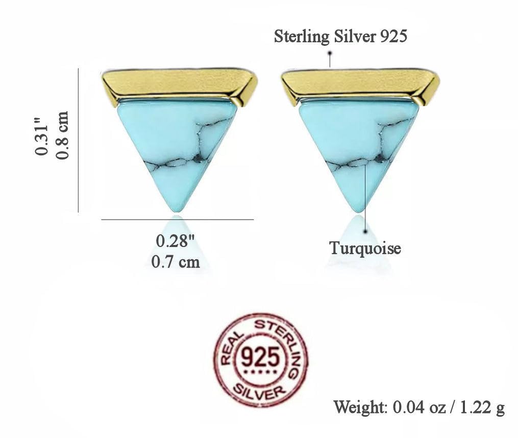 Dainty Minimalist Turquoise Stud Earrings 925 Sterling Silver Gold Plated & Natural Stone Women's Earrings Tiny Studs Triangle Shape - Hypoallergenic Safe for Sensitive Ears - USA HANDMADE (Gold)