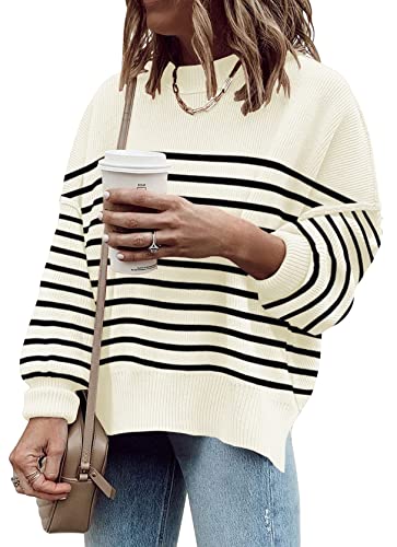 ETCYY Womens Oversized Sweaters Fall 2024 Fashion Clothes Trendy Batwing Sleeve Colorblock Striped Knit Pullover Sweater Tops(S.Pinstripe Black)