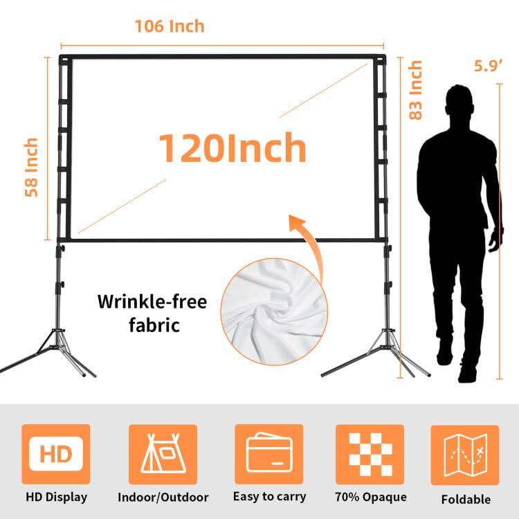 Projector Screen and Stand,GAINVANE 120 inch Portable Projector Screen Indoor Outdoor Projection Screen 16:9 4K HD Wrinkle-Free Light-Weight Movie Screen with Carry Bag for Backyard Movie Night
