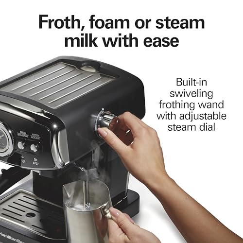 Hamilton Beach Slide & Lock Espresso Machine With Milk Frother Steam Wand For Cappuccino & Latte, 15 Bar Pump and Two Spouts, Removable Reservoir, Compact, Retro Design, Black (40730)