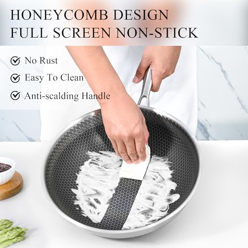 Vinchef Stainless Steel Wok Pan with Glass Lid 12 Inch, Honeycomb Nonstick Stir Frying Pan Induction Compatible and Dish Washer Safe