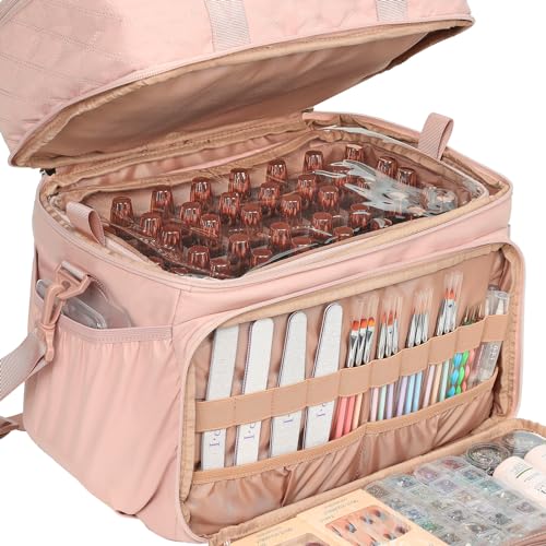 HOMEST Double Layer Nail Polish Organizer Hold 80 Bottles (15ml/0.5 fl. oz) and a Nail Lamp, Nail Polish Case with 2 Removable Pouches, Storage Bag for Manicure Tools, Pink (Bag Only)