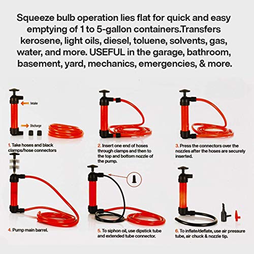 Katzco Liquid Transfer, Siphon Hand Pump - 2 Hoses, 50 x .5 Inches - for Gas, Oil, Air, Chemical Insecticides, and Other Fluids (Plastic, PVC)