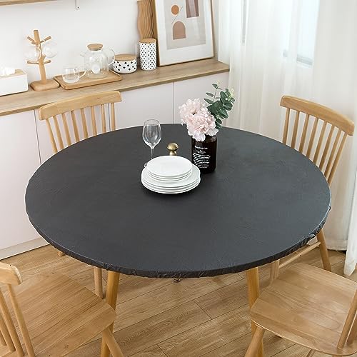 Round Vinyl Fitted Tablecloth with Flannel Backing Elastic Edged Table Cloth Waterproof Oil-Proof Plastic Table Cover (Lemon, Fits Table up to 27"-31" Diameter)
