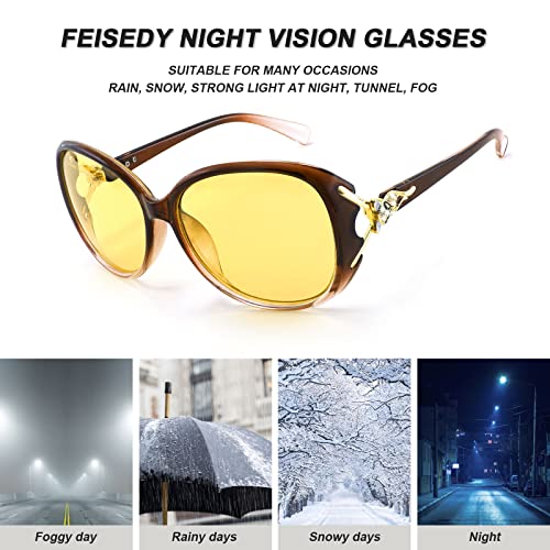 FEISEDY Women Classic Polarized Night Vision Driving Glasses Anti Glare Ladies Yellow Lens Sunglasses B2730