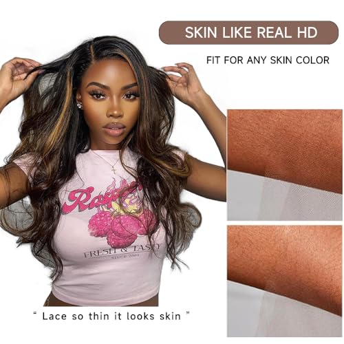 Nickgirl Highlight Lace Front Wig Human Hair 13x4 1B/Pink Body Wave Lace Front Wigs Human Hair Pre Plucked 180% Density HD Lace Colored Wigs Pink Human Hair Wig Glusless Wigs Human Hair 22 Inch