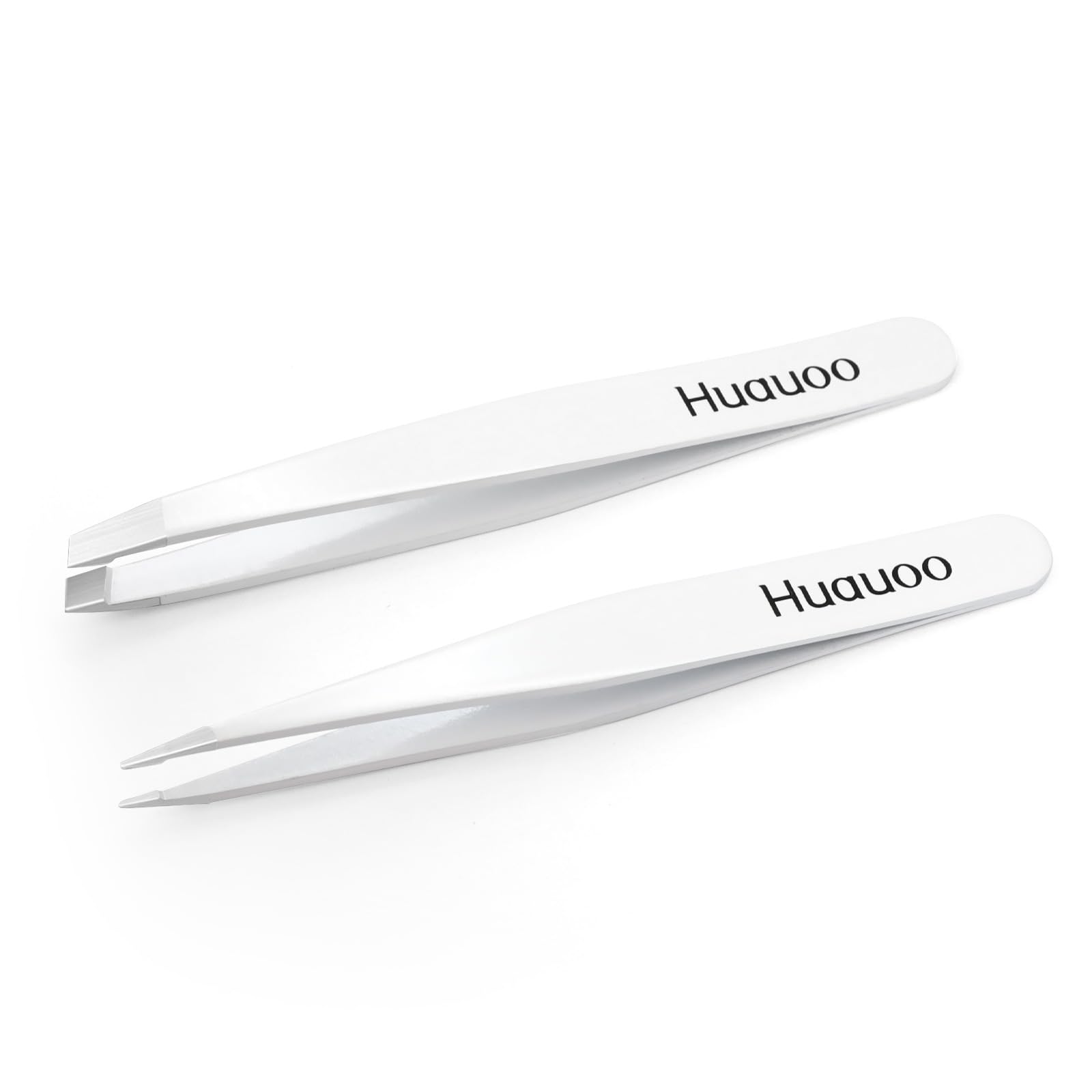 Huauoo Stainless Steel Tweezer Set with Slanted and Pointed Eyebrow Tweezers, Tweezers for Women Facial Hair, Tweezers for Women and Men (White)