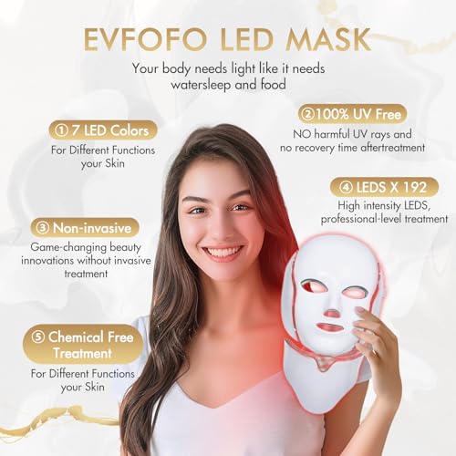 EVFOFO 7 Colors LED Face Mask Light Therapy, Led Face Mask Light Therapy At Home, Blue Red Light Therapy Mask for Face