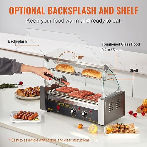 VEVOR Hot Dog Roller, 12 Hot Dog Capacity 5 Rollers, 750W Stainless Steel Cook Warmer Machine with Cover & Dual Temp Control, LED Light & Detachable Drip Tray, Sausage Grill Cooker