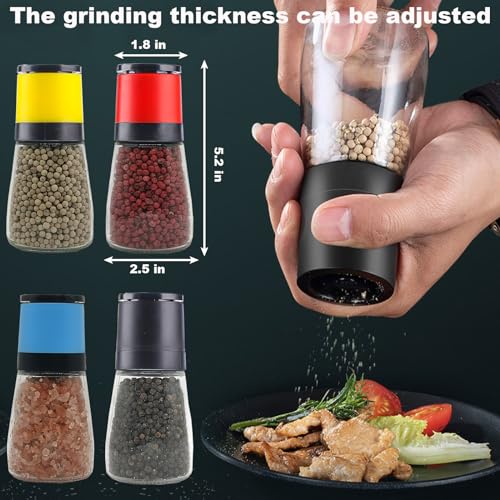 ANDONG Salt and Pepper Grinder Set of 4,Salt Grinder Refillable Manual,Pepper Mill Salt Mill with Adjustable Coarseness,Glass Salt and Pepper Shakers Set with Lids