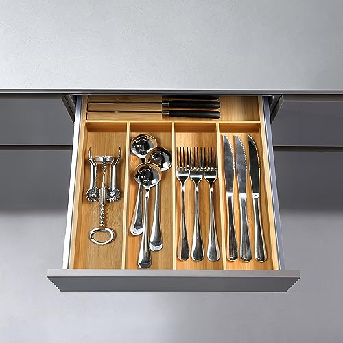 VaeFae Bamboo Silverware Organizer, Utensil Holder for Drawer, Wooden Cutlery Tray with Divider for Kitchen Drawer, Utensil Organizer with Knife Block（Black）