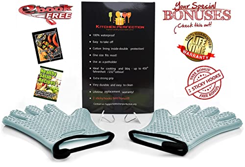 KITCHEN PERFECTION XL Silicone Smoker Oven Gloves-Extreme Heat Resistant BBQ Gloves-Handle Hot Food Right on Your Grill Fryer&Pit|Waterproof Grilling Cooking Baking Mitts|Superior Value Set+3 Bonuses