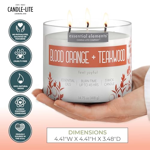 Essential Elements by Candle-lite Scented Candles, Blood Orange & Teakwood Fragrance, One 14.75 oz. Three-Wick Aromatherapy Candle with 45 Hours of Burn Time, Off-White Color