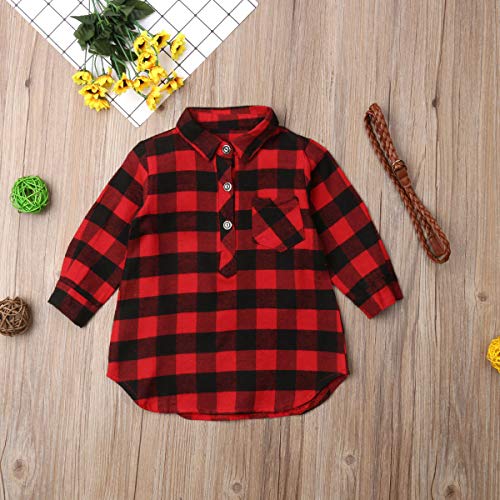 Kayotuas Toddler Kids Baby Girl Plaid Dress Smocked Ruffle Long Sleeve Botton Down Shirts Dresses Infant Christmas Outfits (Red Plaid Santa Embroidery, 4-5 Years)