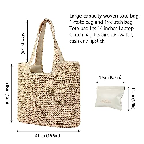 GERYUAEG Large Straw Beach Bag for Women with Coin Purse, Woven Tote Bag Summer bag Travel Shoulder Handbag (Beige)