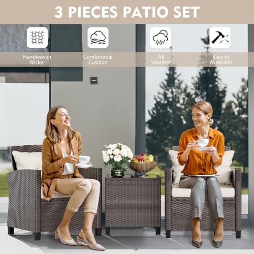 Vongrasig 3 Piece Patio Furniture Set Small Outdoor Wicker Rattan Front Porch Bistro Set Cushioned Patio Chairs Conversation Set with Glass Table for Lawn, Garden, Backyard, Balcony, Poolside (Beige)