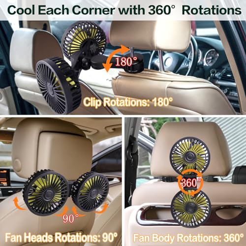 HUENLYEL Car Backseat Fan for Backseat Kids, Headrest Fan for Backseat, Dual Head Usb Car Fan for Car Backseat Kids（Usb Powered 5V/2A）