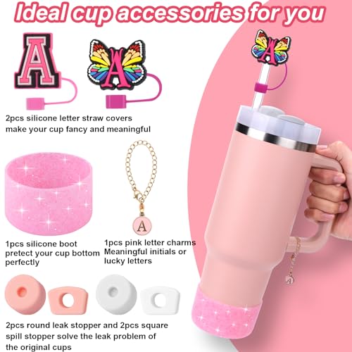 AIERSA Cup Accessories Set for Stanley 40oz Cups, 2Pcs Pink Straw Cover Caps for 10 mm Straws, 4Pcs Silicone Spill Stopper, 1pcs Letter Charms and 1Pcs Glitter Silicone Boot for Stanley 40oz Tumbler