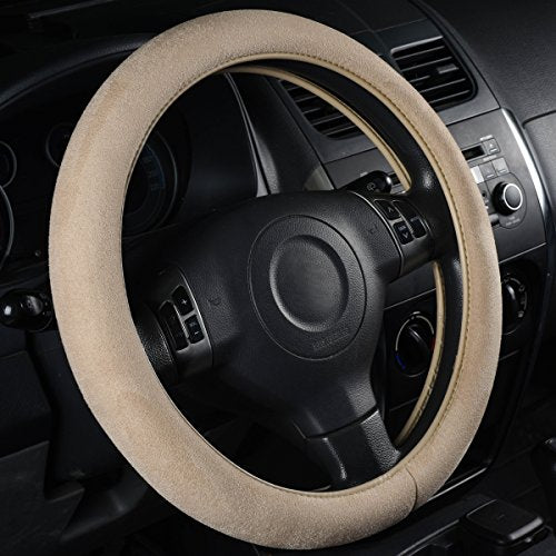 CAR PASS Car Steering Wheel Cover,14.5-15 Inch Beige Faux Suede Universal Memory Foam Auto Steering Wheel Covers Breathable Anti-Slip Odorless Steering Wheels Accessories for Men Women