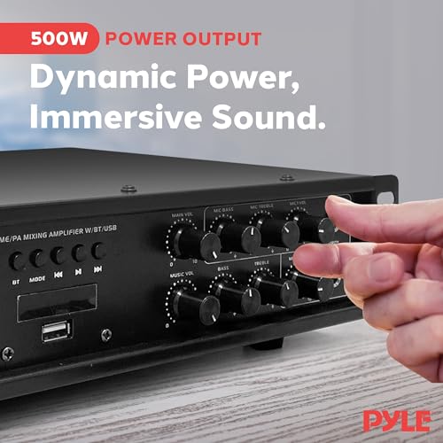 Pyle Bluetooth Home PA Mixing Amplifier - 500W Home Audio Rack Mount Stereo Power Amplifier Receiver w/FM Radio, Digital LED Display, USB/AUX/Mic, Optical/Coaxial, AC-3, 70V/100V Output - PMX3500PH